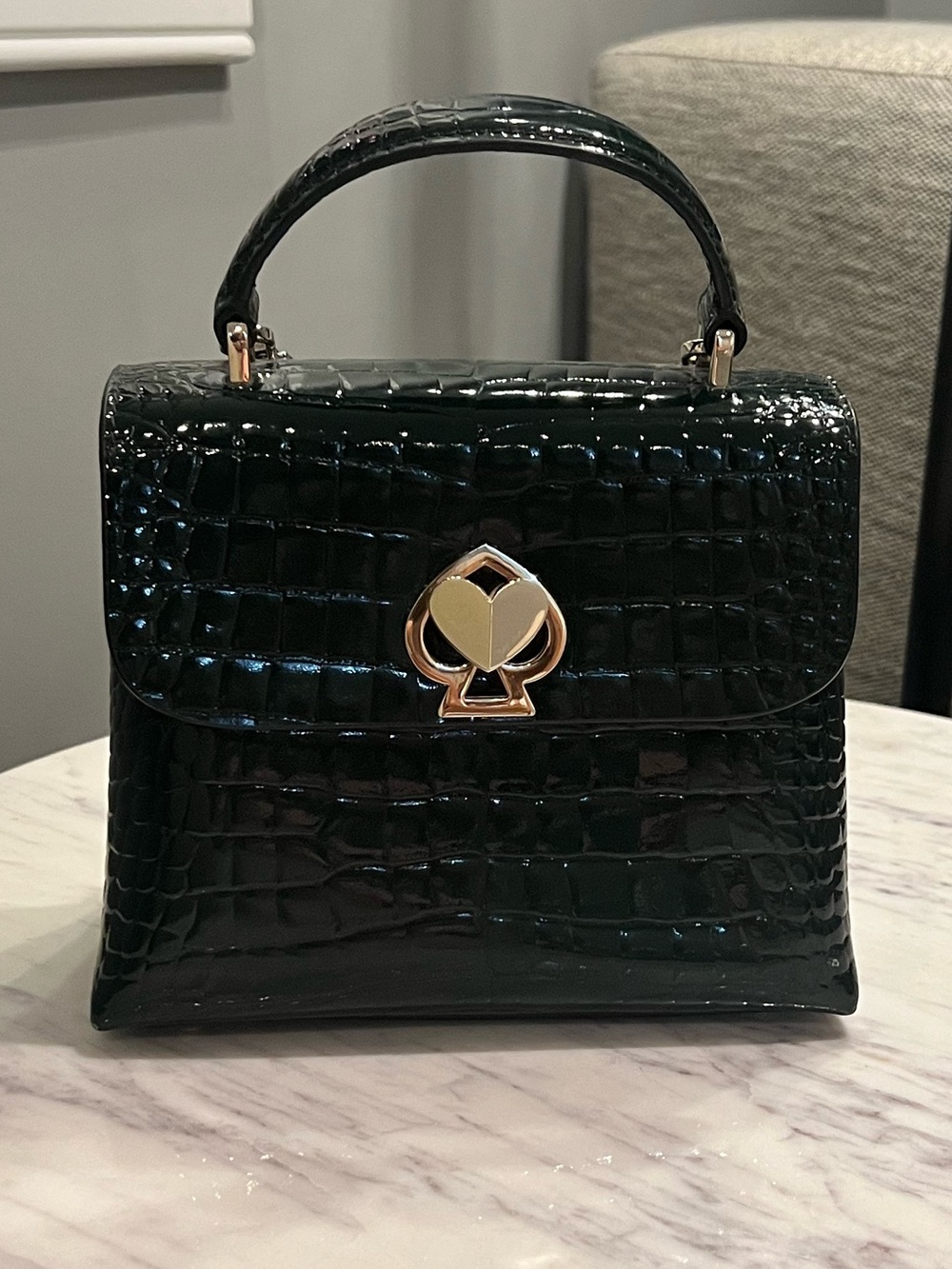 kate spade dark green Romy mini croc-embossed satchel with silver spade clasp